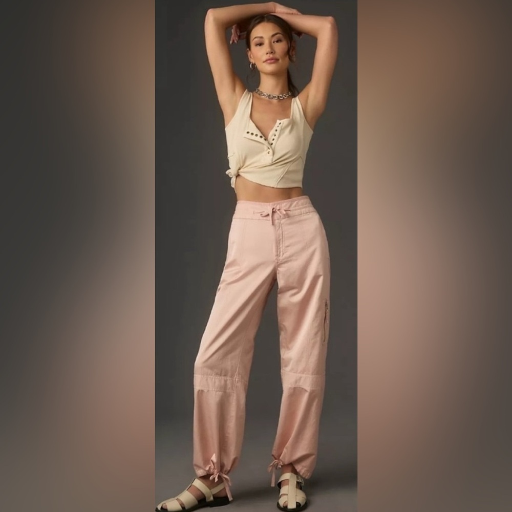 Pilcro Wide Leg Drawstring Hem Pants in Light Pink